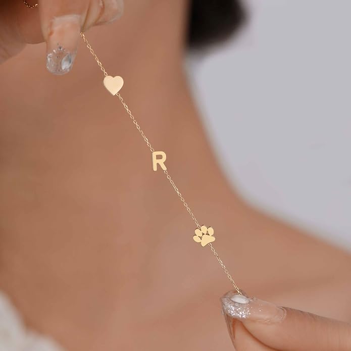 Personalized Sideways Paw Print and Initial Necklace, Dog Cat Mom Gift Pet Memorial Gifts Mothers Day for Women