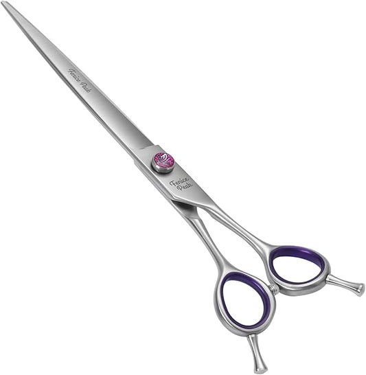 Fenice Peak 8'' Straight Dog Grooming Scissors with Decorative Screw Professional 440C Stainless Steel Metallic Pet Trimming Shears with Offset Handle Durable and Sharp