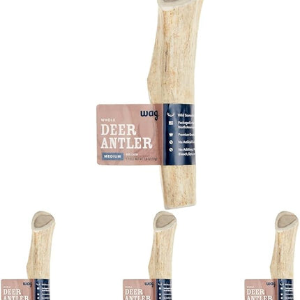 Amazon Brand - Wag Deer Antler Chew for Dogs, Naturally Shed, Whole, Medium 6-7.5 inches, Best for Dogs 15-30 lbs, 1.80 Ounce (Pack of 4)