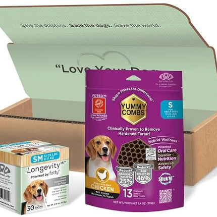 Longevity15 C15:0 Dog Health Supplement (30-Day Supply) & Yummy Combs Dog Dental Treats (8oz Bag) for Small Dogs – C15:0 Fatty Acid for Daily Wellness, Food Topper – VOHC Approved Oral Care