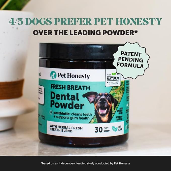 Dog Breath Freshener Dental Powder for Teeth Cleaning Plaque Off, Dental Care for Dogs, Tartar Remover for Teeth with Natural Herbal Blend + Postbiotics (Mint - 30 Servings)