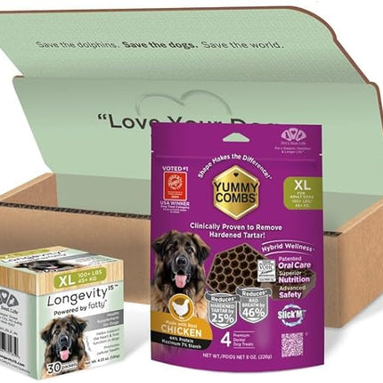 Longevity15 C15:0 Dog Health Supplement (30-Day Supply) & Yummy Combs Dog Dental Treats (8oz Bag) for Extra Large Dogs – C15:0 Fatty Acid for Daily Wellness, Food Topper – VOHC Approved Oral Care