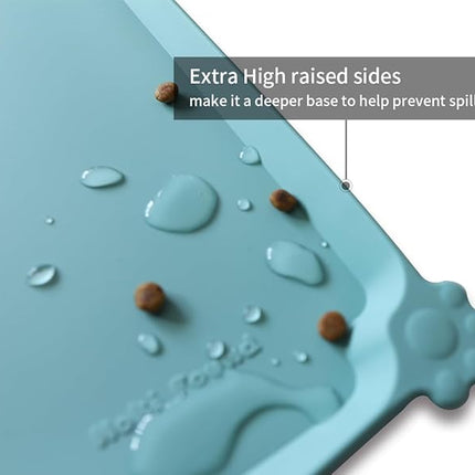 Hoki Found L Silicone Non Slip Pet Food Tray - Dog Cat Bowl Mats - Waterproof Dog Cat Food Mats for Carpet - Light Turquoise