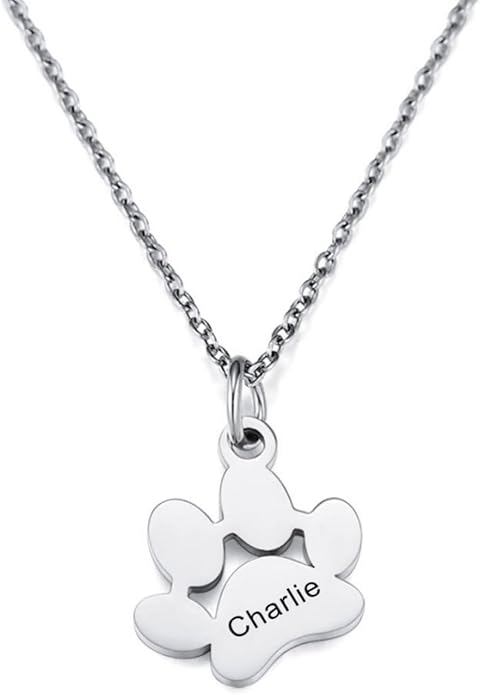 MeMeDIY Personalized Paw Print Necklace for Women Engraved Name Dog Paw Necklace Stainless Steel/925 Sterling Silver Paw Necklace Pet Memorial Necklace 1-4 Cat Paw Print Necklace