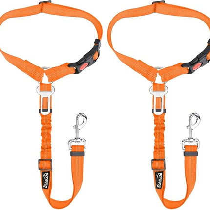 Lukovee Dog Car Seat Belt, 2 Pack Headrest Restraint Seatbelt, Adjustable Pet Safety Leads with Reflective Elastic Bungee for Dog Harness Collar Travel Daily Use (Orange,Headrest + Clip)