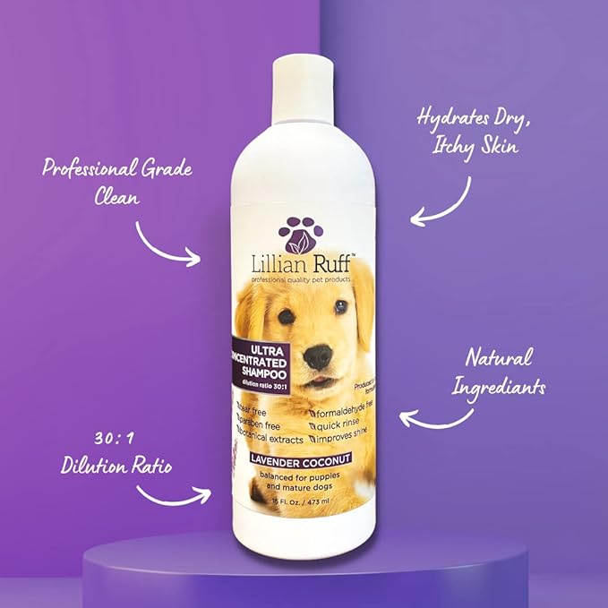 Lillian Ruff PRO Formula Ultra Concentrated Dog Shampoo – Makes 4 Gallons/30 Bottles, 30:1 Dilution, Professional Pet Shampoo for Sensitive Skin | Deodorizing & pH-Balanced Made in USA 16.9oz