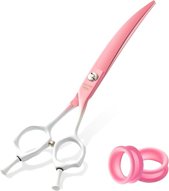 Curved Dog Grooming Scissors Pink to White Gradient 440C Stainless Steel Pet Grooming Shears Sharp Durable Dog Shears for Professional or Home Use Ergonomic Handle with 2 Silicone Finger Rings