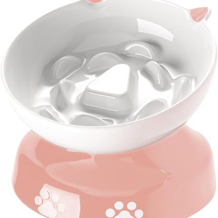 Y YHY Ceramic Slow Feeder Cat Bowl, Elevated Cat Bowl Tilted Design Slow Feeder for Dog and Cat for Dry and Wet Food, Pink