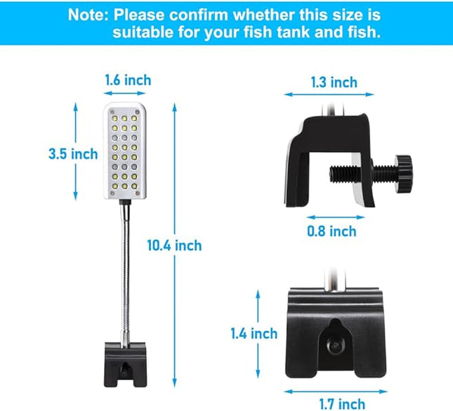 Aquarium Light Small LED Clip Light for Fish Tank 1.5W with Timer&Dimmer, 1 Yr Warranty