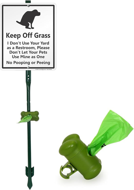 SmartSign Keep Off Grass - No Dog Pooping Or Peeing Yard Sign & Clip-On Plastic Dispenser Combo/Kit, 10"x12" Aluminum Sign with 3ft Stake, Compact Dispenser Preloaded with a 15 Dog Poop Bags Roll