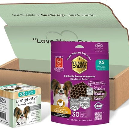 Longevity15 C15:0 Dog Health Supplement (30-Day Supply) & Yummy Combs Dog Dental Treats (8oz Bag) for Extra Small Dogs – C15:0 Fatty Acid for Daily Wellness, Food Topper – VOHC Approved Oral Care