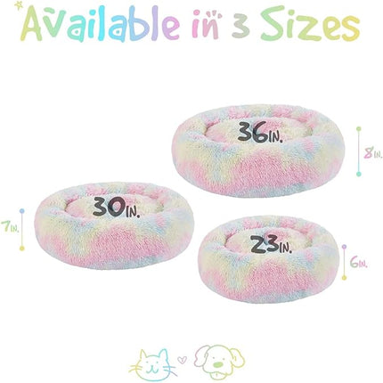 Friends Forever Donut Dog Bed Faux Fur Fluffy Calming Sofa For Small Dogs, Soft & Plush Anti Anxiety Pet Couch For Dogs, Machine Washable Coco Pet Bed with Non-Slip Bottom, 23"x23"x6" Rainbow