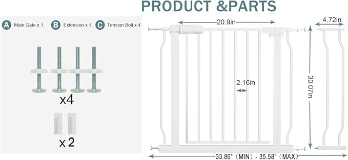 33-38 Inch Wide Baby Gates for Stairs & Doorways - Pressure Mounted Metal Gates for Toddlers & Pets (White, 86-98CM)