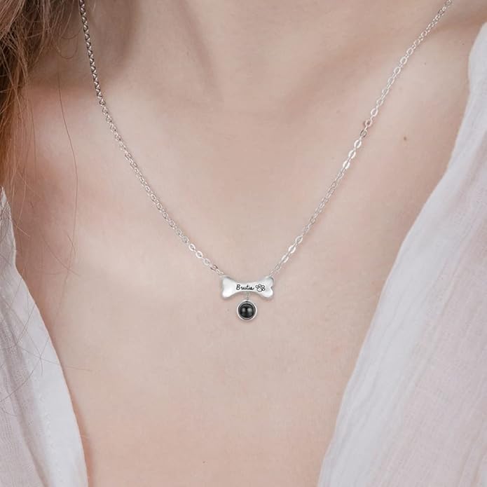 Custom Pet Necklace With Dog Bone Photo Projection Pendant 925 Sterling Silver Personalized Name and Dog Picture Necklace With Paw Print Pet Memorial Jewelry Gifts For Women Mother Wife