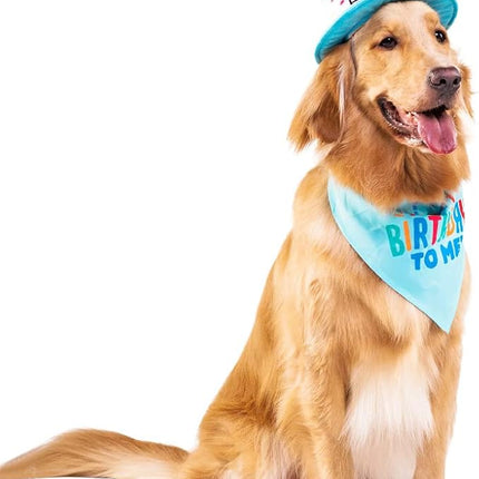 Large Dog Birthday Cake Hat & Bandana Scarfs Set Blue, Handmade Dog Happy Birthday Hat with Colorful Candles, Extral Large Dog Birthday Party Supplies Decorations