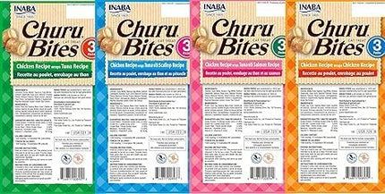 INABA Churu Bites for Cats, Soft Baked Chicken Churu Filled Cat Treats with Green Tea Extract, 0.35 Ounces Each Tube, 12 Tubes Total, 4 Flavor Variety