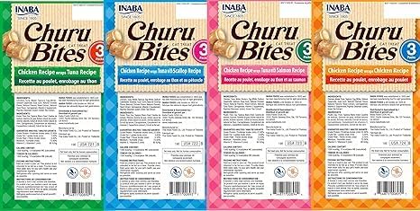 INABA Churu Bites for Cats, Soft Baked Chicken Churu Filled Cat Treats with Green Tea Extract, 0.35 Ounces Each Tube, 24 Tubes Total, 4 Flavor Variety