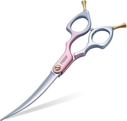 Professional Curved Dog Grooming Scissors with Sharper Self Grinding lightweight and finely trimmed split structure 6.5'' Japan VG10 63HRC for small dogs cat pet(Pink&Gray)