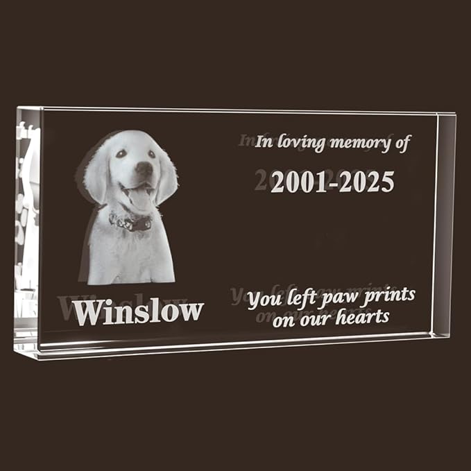 3D Crystal Pet Memorial Stone, Custom Laser Engraved Photo Remembrance Block with Gift Box, Pet Loss Sympathy Gift