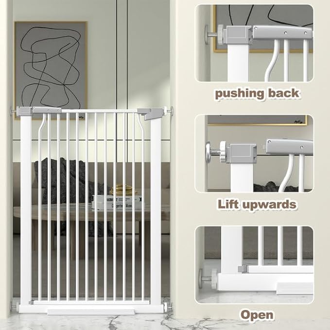 41" Extra Tall Baby Gate for Doorway, 29.6-40.5'' Metal Pet Baby Safe Gate, Extra Wide Pressure Mounted Child Door with Expansion Kit, No Drilling Cat Fence Indoor, No Climb Cat Proof Gate, White