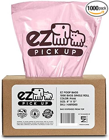 1000 Pet Waste Disposal Dog Poop Bags, EZ Pick Up Bag, Pink (single roll), 9"x12" Large