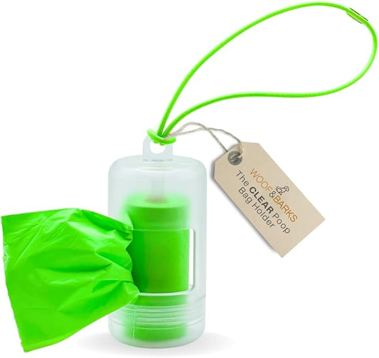Woof & Barks CLEAR Dog Poop Bag Holder and Dispenser with Leash Attachment, Includes 1 Standard Roll of Green Poop Bags