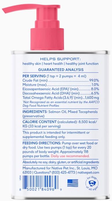 Native Pet Salmon Oil for Dogs & Cats – Pure Omega-3 Fish Oil for Dogs Supplement for Skin & Coat, Joint & Heart Health - Dog Anti-Inflammatory – 100% Wild-Caught Alaskan Sockeye Salmon – 8 oz