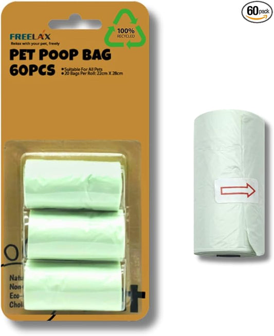 Biodegradable Dog Poop Bags - 60 Count, Durable & 100% Leak-Proof, Compostable Trash Bags for Dogs & Cats, Thick and Easy Open Rolls, Eco-Friendly Waste Bags (22cm x 28cm)