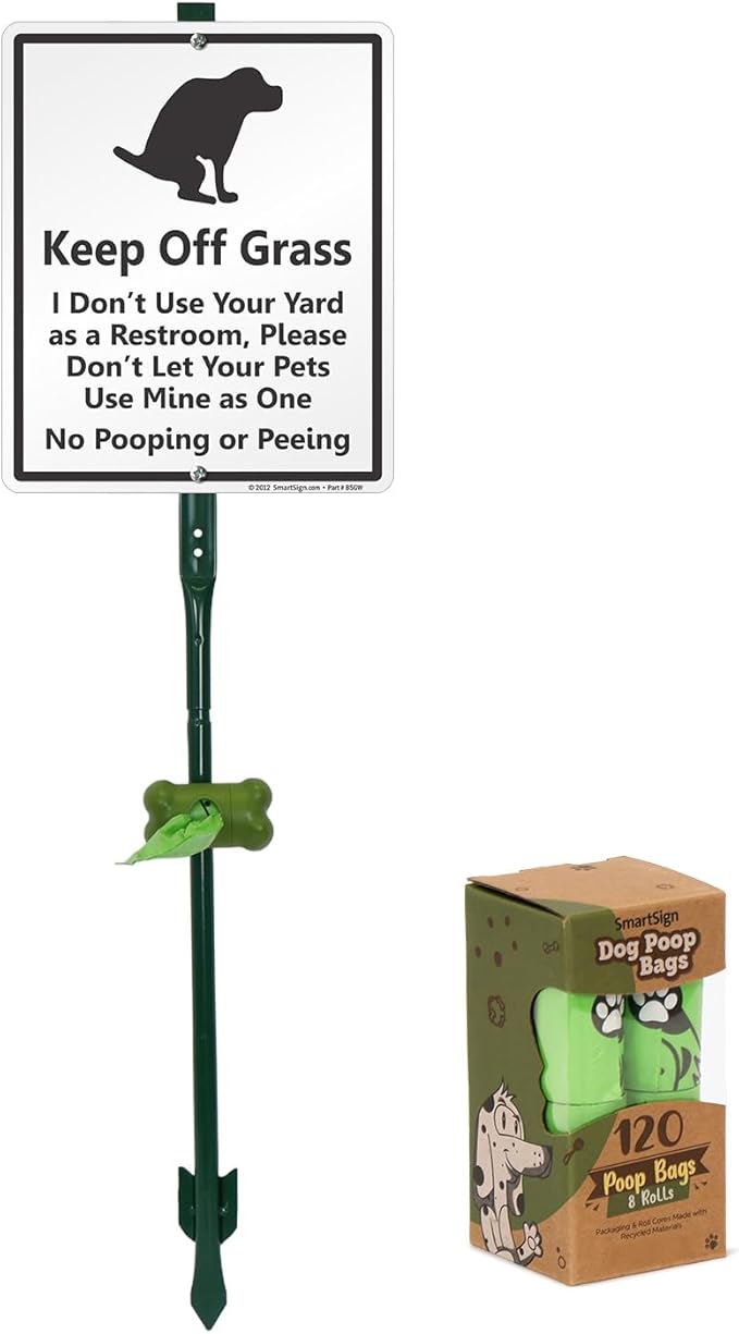 SmartSign Keep Off Grass - No Dog Pooping Or Peeing Yard Sign & Clip-On Preloaded Dispenser Combo/Kit with 135 Dog Poop Waste Bags, 10"x12" Rust-proof Aluminum Sign with 3ft Steel Stake