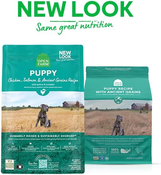 Open Farm, Ancient Grains Dry Dog Food for Puppies, Protein-Rich & Nutrient Dense, 90% Animal Protein Mixed with Non-GMO Fruits, Veggies and Superfoods, Chicken & Salmon Recipe for Puppy, 4lb Bag