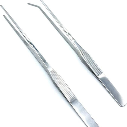 2PCS Aquarium Tweezers Stainless Steel Straight and Curved Tweezers Set Long Handle Reptile Feeding Tongs for Aquatic Plants Lizards Spider Snakes Garden Repairing - 10.6inch, Silver