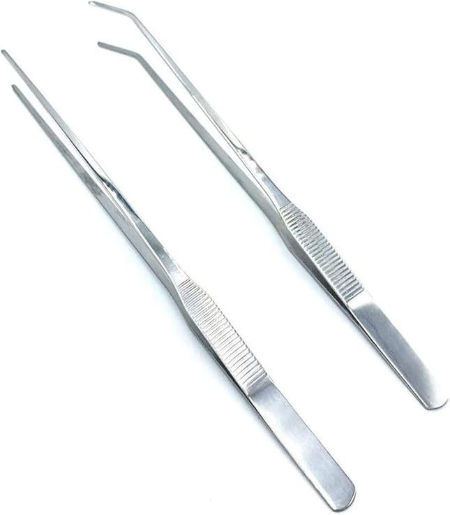 2PCS Aquarium Tweezers Stainless Steel Straight and Curved Tweezers Set Long Handle Reptile Feeding Tongs for Aquatic Plants Lizards Spider Snakes Garden Repairing - 10.6inch, Silver