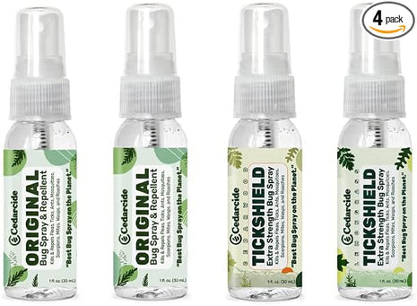 Cedarcide Original & Tickshield Family Pack | Natural Cedar & Lemongrass Oil Bug Spray | Eco-Friendly, Family-Safe Flea & Tick Repellent | Pack of 4, 1oz Spritzers