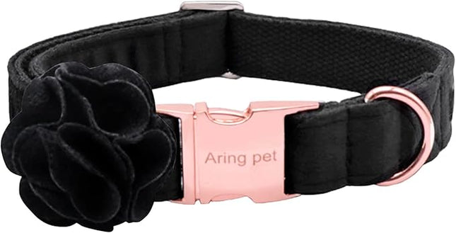 ARING PET Velvet Dog Collars, Black Soft Pet Collar with Detachable Felt Flower Metal Buckle for Puppy Small Medium Large Boy Girl Dogs-XL