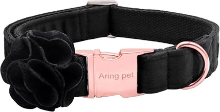 ARING PET Velvet Dog Collars, Black Soft Pet Collar with Detachable Felt Flower Metal Buckle for Puppy Small Medium Large Boy Girl Dogs-S