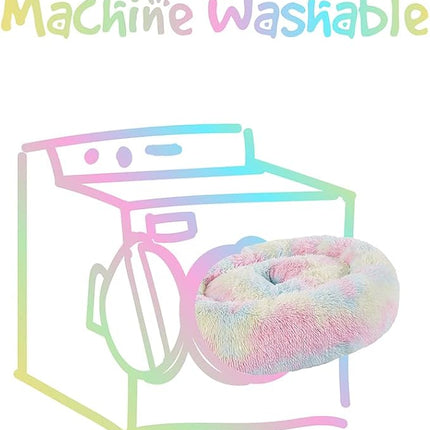 Friends Forever Donut Dog Bed Faux Fur Fluffy Calming Sofa For Small Dogs, Soft & Plush Anti Anxiety Pet Couch For Dogs, Machine Washable Coco Pet Bed with Non-Slip Bottom, 23"x23"x6" Rainbow