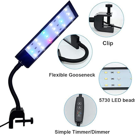 Fish Tank Clip on Light, VARMHUS RGB Clamp Aquarium Light Fish and Plant Aquarium Lighting with Timer Dimmer for Sunrise and Sunset (7W)