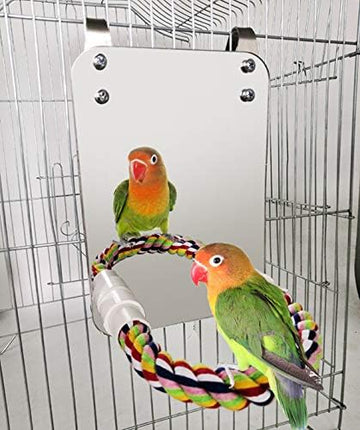 BWOGUE 7 Inch Bird Mirror with Rope Perch Cockatiel Mirror for Cage Bird Toys Swing Parrot Cage Toys for Parakeet Cockatoo Cockatiel Conure Lovebirds Finch Canaries