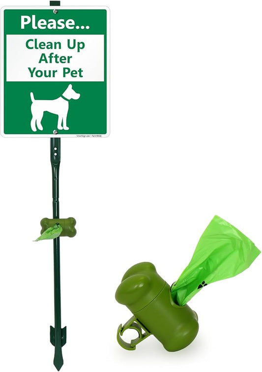 SmartSign Please Clean Up After Your Pet Yard Sign & Clip-On Plastic Dispenser Combo/Kit, 10"x12" Aluminum Sign with 3ft Steel Stake, Compact Dispenser Preloaded with a 15 Dog Poop Bags Roll