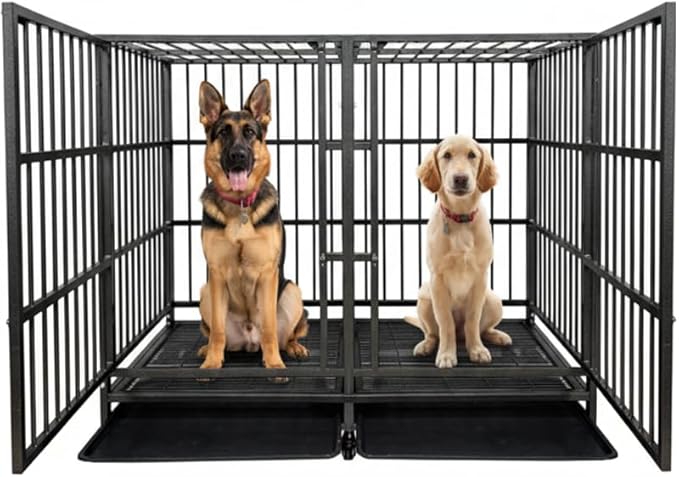 54 Heavy Duty Dog Crate Cage with Divider, Indestructible and Escape Proof Steel Kennel Indoor for High Anxiety Dogs with Removable Tray, Lockable Wheels, Double Door, Extra Large XL XXL