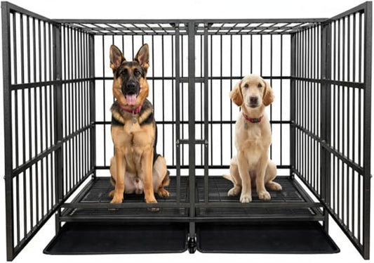 54 Heavy Duty Dog Crate Cage with Divider, Indestructible and Escape Proof Steel Kennel Indoor for High Anxiety Dogs with Removable Tray, Lockable Wheels, Double Door, Extra Large XL XXL