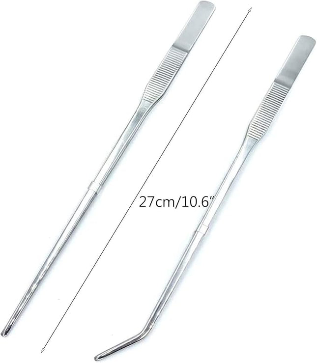 2PCS Aquarium Tweezers Stainless Steel Straight and Curved Tweezers Set Long Handle Reptile Feeding Tongs for Aquatic Plants Lizards Spider Snakes Garden Repairing - 10.6inch, Silver