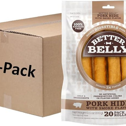 Better Belly Pork Hide Rolls with Smoke Flavor Small, 20 Count, Digestible Pork Hide for Dogs