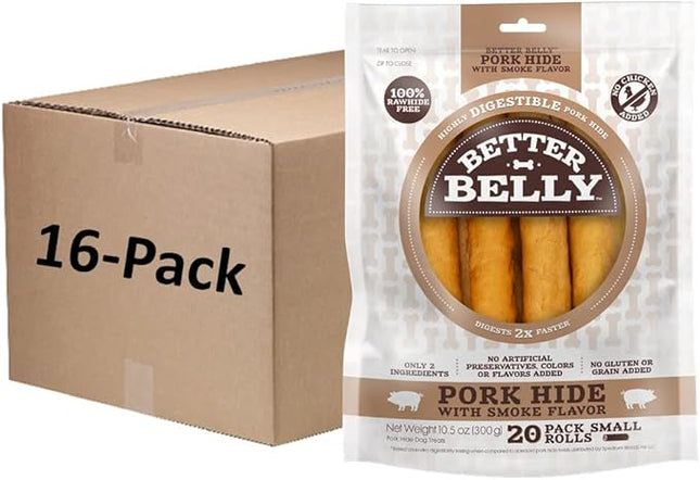 Better Belly Pork Hide Rolls with Smoke Flavor Small, 20 Count, Digestible Pork Hide for Dogs
