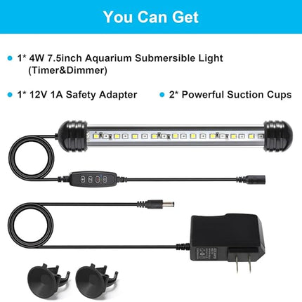 4W 7.5inch Submersible Aquarium Light Underwater Fish Tank Light LED Aquarium Light Bar with Timer Auto On/Off and Dimmer Adjustable Brightness, 1 Yr Warranty