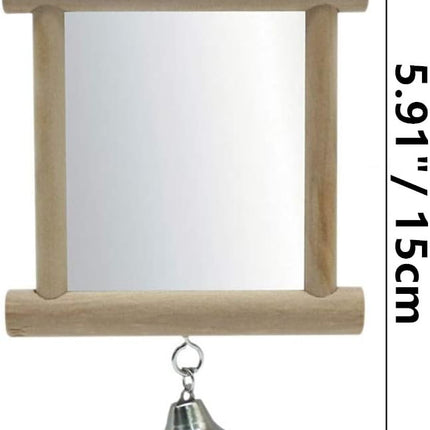 Bird Mirror Wooden Hanging Swing Interactive Play Toys for Small Parrot Budgies Macaw African Grey Parakeet Cockatiel Conure Lovebird Cage Accessories (Bird Mirror with Bell-2 PCS)