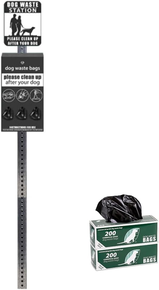 2024 Model - Rust Proof Aluminum 7' Dog Waste Station for Commercial Grade Dog Waste Roll Bags - 400 waste bags included - Over 500k sold in USA (Matte Black)