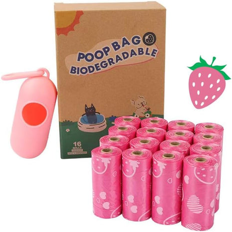 Biodegradable Dog Poop Bags Rolls with Pull-Ring Dispenser - 5 Fresh Scents, Large 9x13 Inch Plant-Based Bags, Leakproof & Easy Tear ((Strawberry Scent,Pink,240 Count, 16 Rolls)