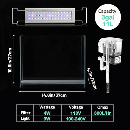 Rimless Glass Aquarium Starter Kit (3 Gal), Ultra Clear Low Iron Glass Fish Tank Set, Small Beta Fish Tank & Filter with Surface Skimmer & 3-Mode LED Light