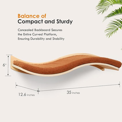 Cat Wall Shelves for Large Cats - Wall Mounted Furniture with Comfortable Cushion, Perfect Perch and Bed for Multi-Cat Households - 35 inch Wavy Shelf for Climbing, Playing, Resting, and Lounging